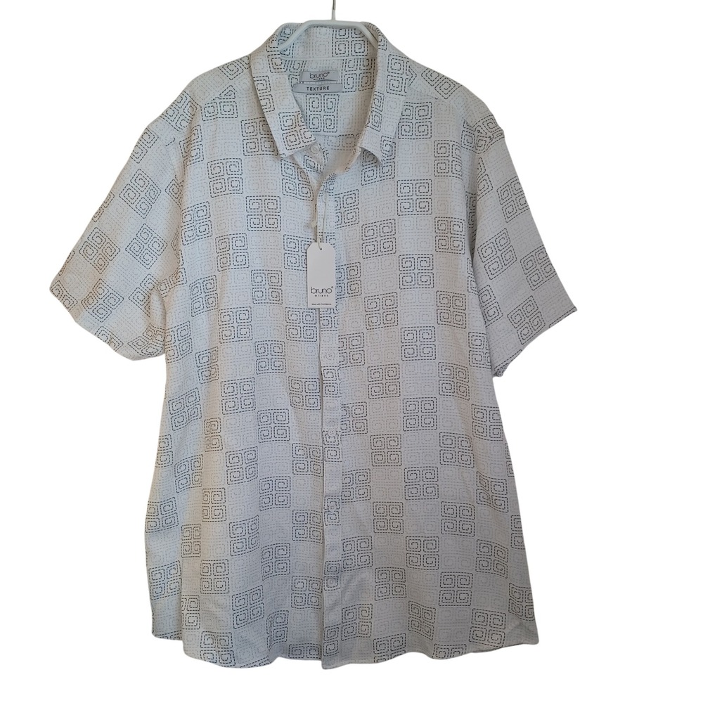 Bruno Milano Texture Mens Short Sleeve Button Down Shirt White Geometric Square